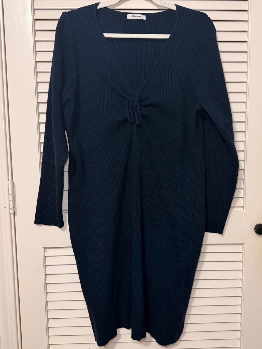 Madewell Navy Ribbed Long-Sleeve Tie-Front Midi Dress